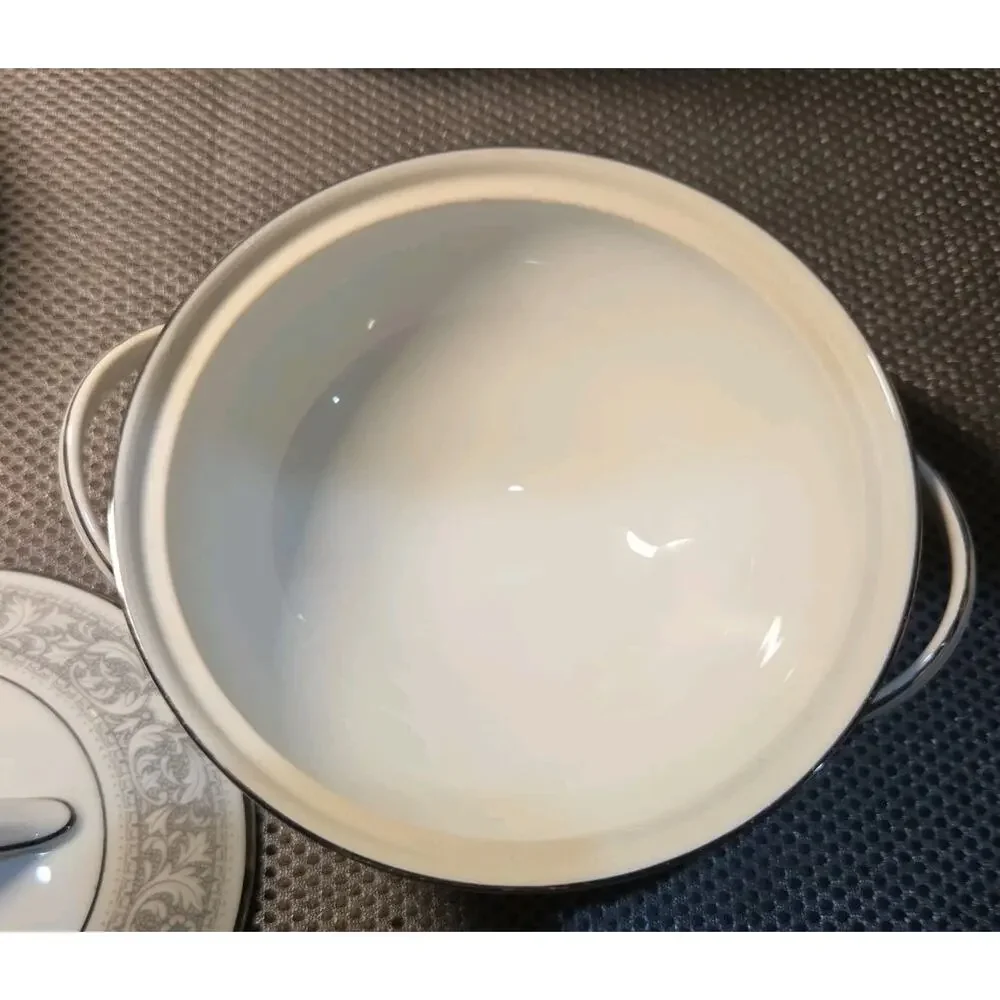Noritake China Naples 6975 Tea Pot Sugar Bowl And Creamer White Gray Trim